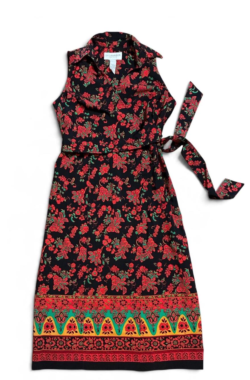 VTG Sag Harbor Dress Woman Faux Wrap Maxi Dress Floral Border Print Plus 16W